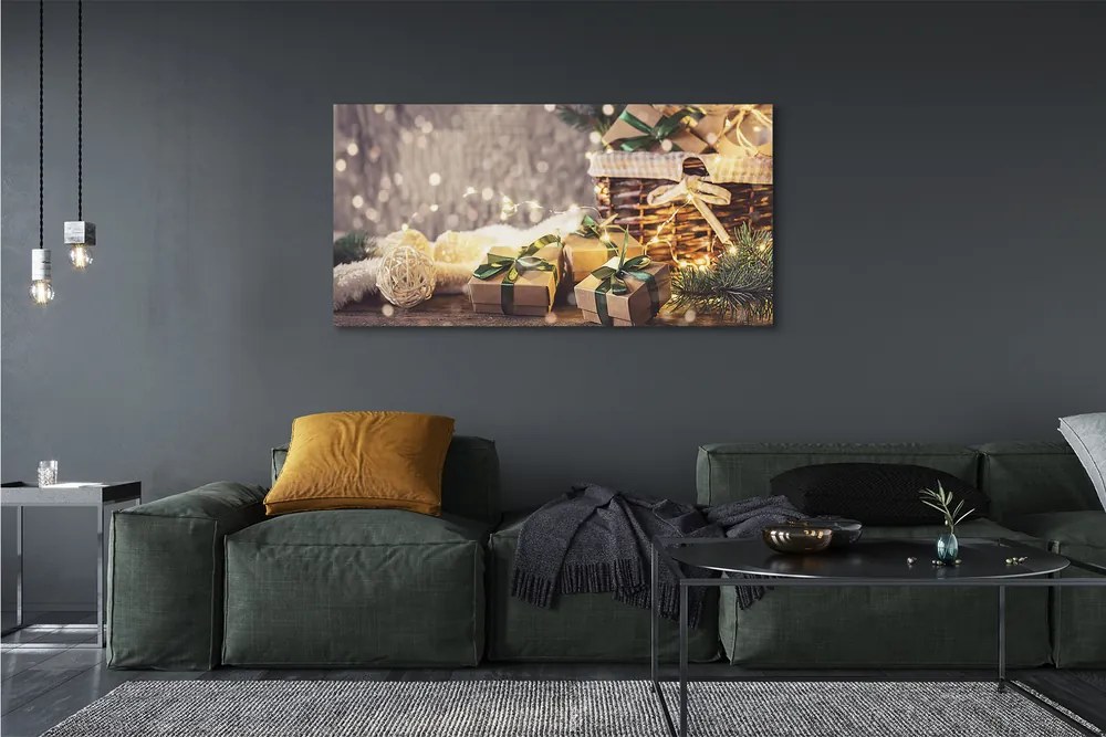 Zdjęcie na płótnie Prezenty, Gałązki i Bombki