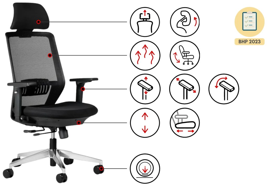 Najwyższej klasy fotel biurowy z pełną regulacją 3D (podłokietniki, zagłówek, lędźwie, głębokości siedziska. Ergonomiczne oparcie, baza chromowana. Odporność 110k cykli Martindale'a. Zgodny z normą BHP 2023. Super cena!