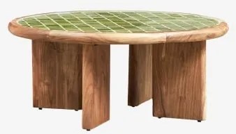 Okrągły Stolik Kawowy Ø80 Cm Z Płytek I Drewna Akacjowego Aitana Zielony Melonowy – Brązowy Akacjowy - Sklum