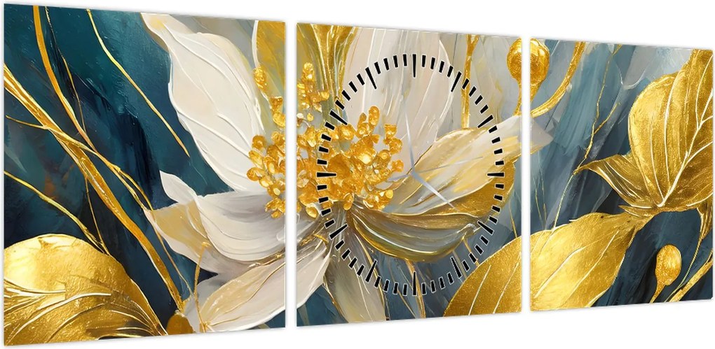 Obraz - Malowanie złotych kwiatów (z zegarem) (90x30 cm)