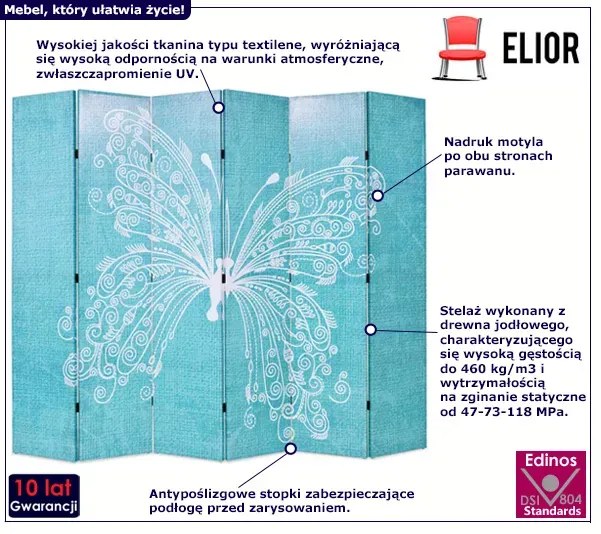 Niebieski parawan wewnętrzny z motylem - Lanard 3X 228 x 170 cm