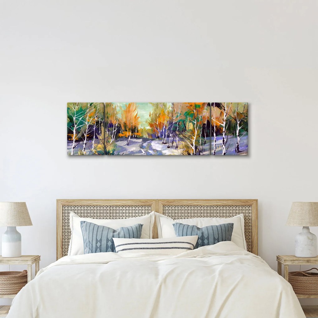 Obraz - Zaśnieżona ścieżka przez las, obraz olejny (170x50 cm)