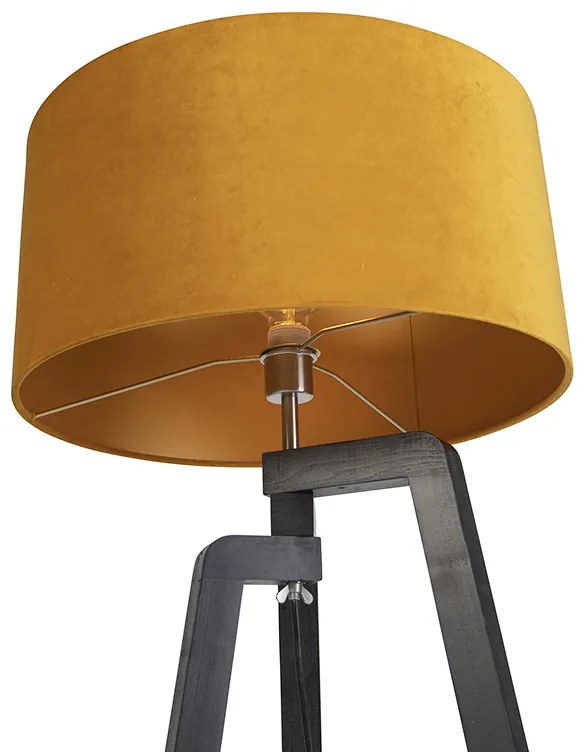 Lampa stojąca trójnóg czarna z żółtym kloszem i złotem 50 cm - PurosWiejski/ Rustykalny / Vintage Oswietlenie wewnetrzne
