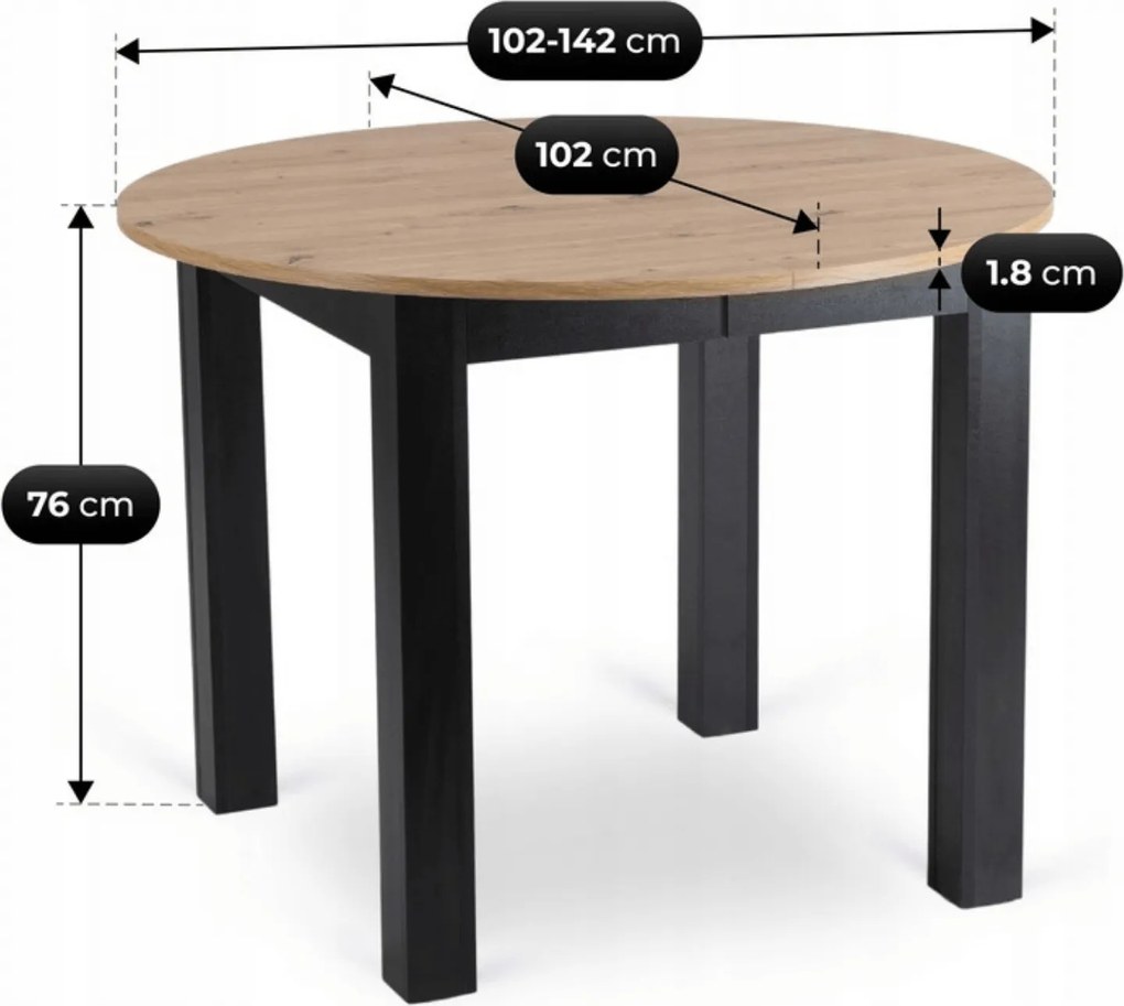 Zestaw Stół Okrągły Rozkładany HARRY 102-142 cm Dąb Artisan/Czarny i 4 Krzesła Tapicerowane RICK Szare Nowoczesne