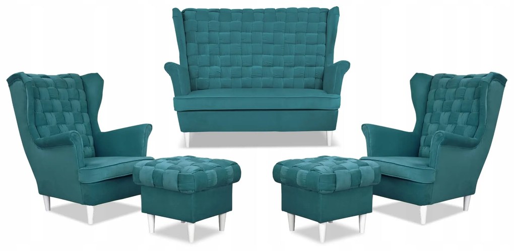 Zestaw wypoczynkowy Carol sofa fotele pufy paski Family Meble turkusowy