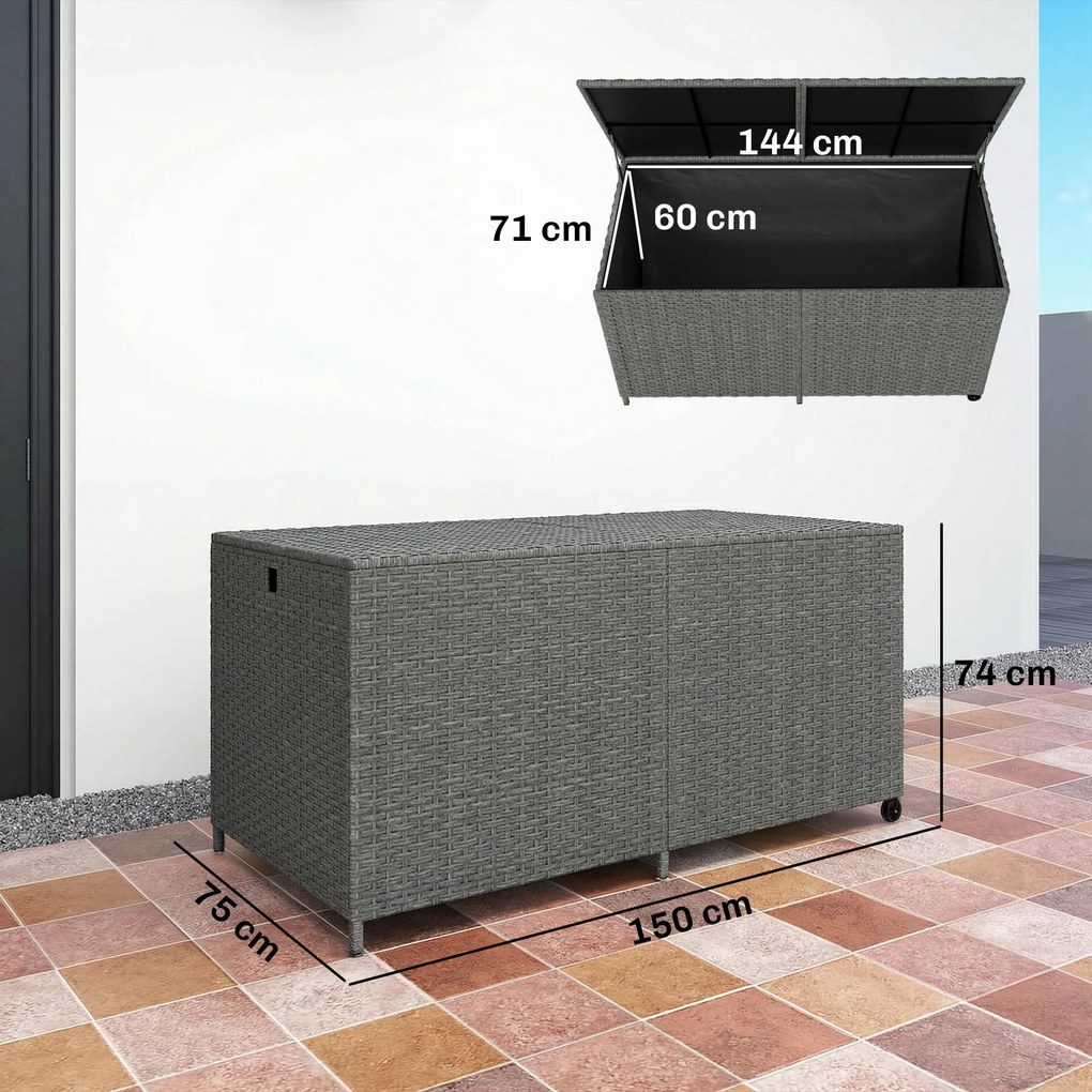 Outsunny Rattanowa skrzynia ogrodowa 650L wodoodporna, UV odporna, ze schowkiem, kółkami i pokrywą, 150 x 75 x 74 cm, ciemnoszara | Aosom PL