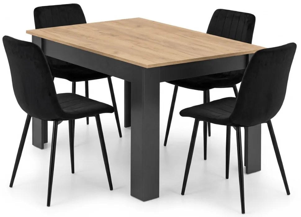 Zestaw jadalniany 1 + 4, stół MADO 120x80 cm czarny/dąb artisan + czarne aksamitowe krzesło LAVA z czarnymi nogami