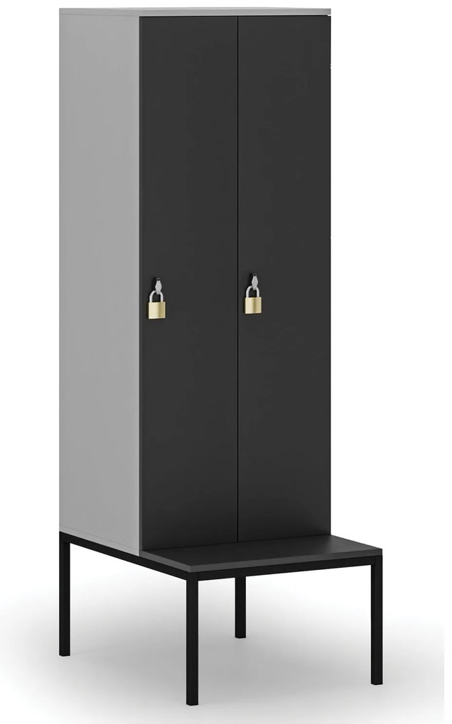 Drewniana szafa ubraniowa S4 z ławką, 2-drzwiowa, 1871 x 600 x 500/800 mm, demontaż, zamek obrotowy, szary/grafitowy