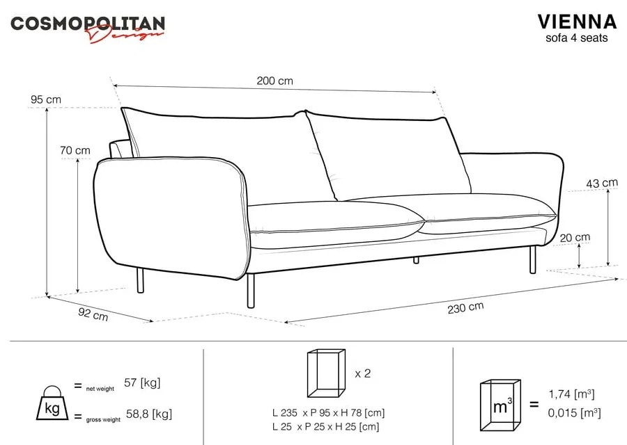 Jasnoniebieska aksamitna sofa 230 cm Vienna – Cosmopolitan Design