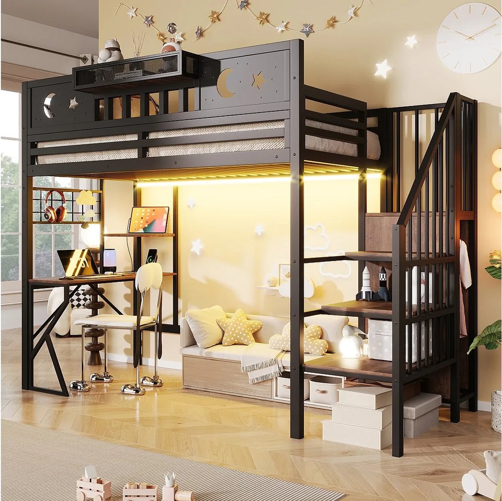 Łóżko piętrowe 90 x 200 cm z biurkiem, ścianką perforowaną, półkami – Metal i MDF – LED + USB – Czarne (Materac nie jest wliczony w cenę)