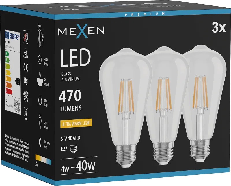 Mexen Vintis 3x żarówka filament LED E27, ST64, 4W, Ciepła - 2200K, 470 lm, clear - L152-E27-0422-00x03