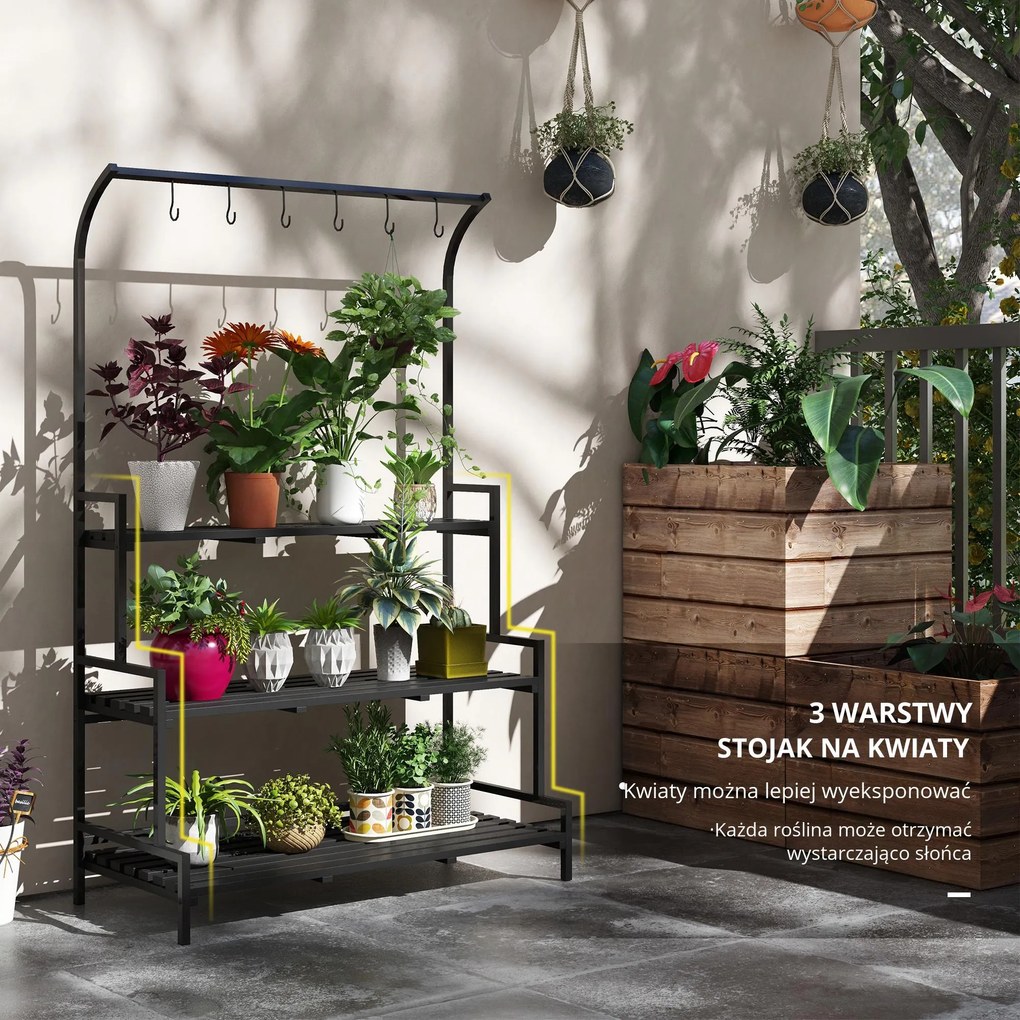 Outsunny Stojak na kwiaty, 3 poziomy, 6 haków, Wewnątrz i Na Zewnątrz, Metalowa rama, 170W x 110Dł x 50S cm, Czarny