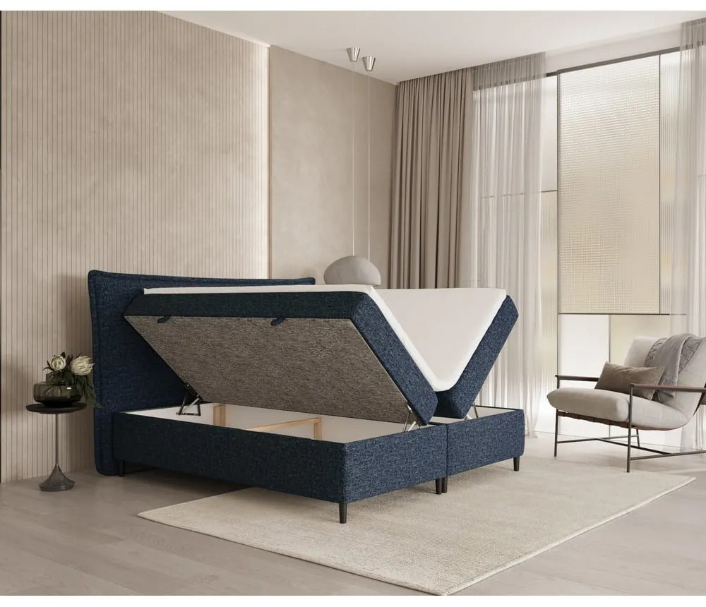 Ciemnoniebieskie łóżko boxspring ze schowkiem 160x200 cm Sinai – Maison de Rêve