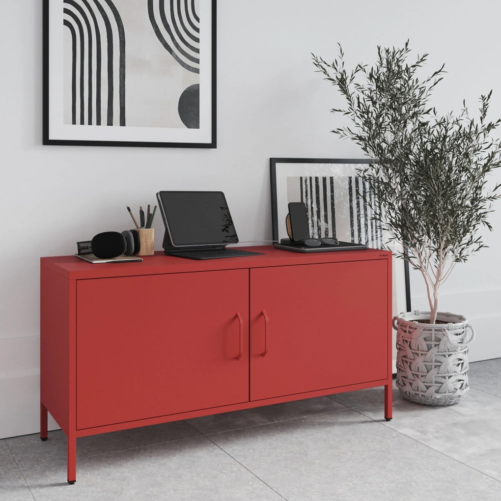 Szafka RTV metalowa na nóżkach czerwona, 1150x595x400 mm: ROSA Modern