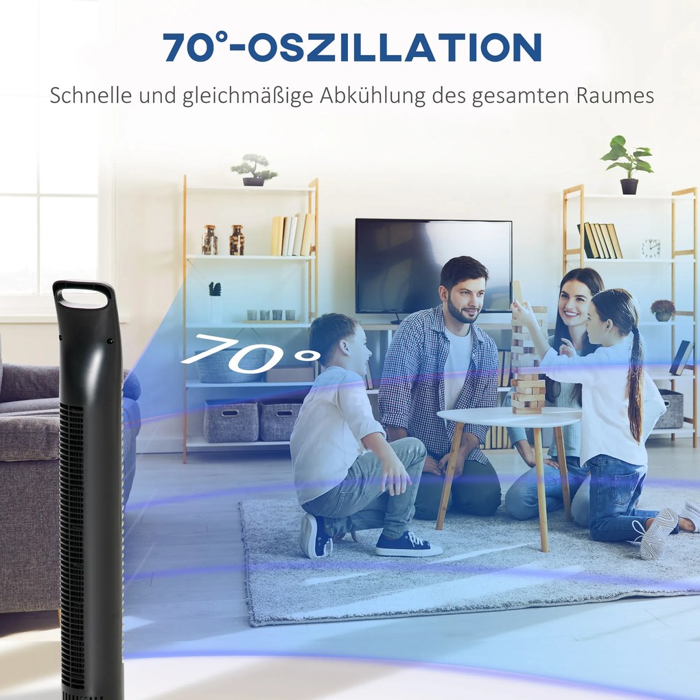 HOMCOM Wieżowy Wentylator, 3 Tryby, Cicha Praca, Timer, Pilot, 18x78,5cm, Czarny