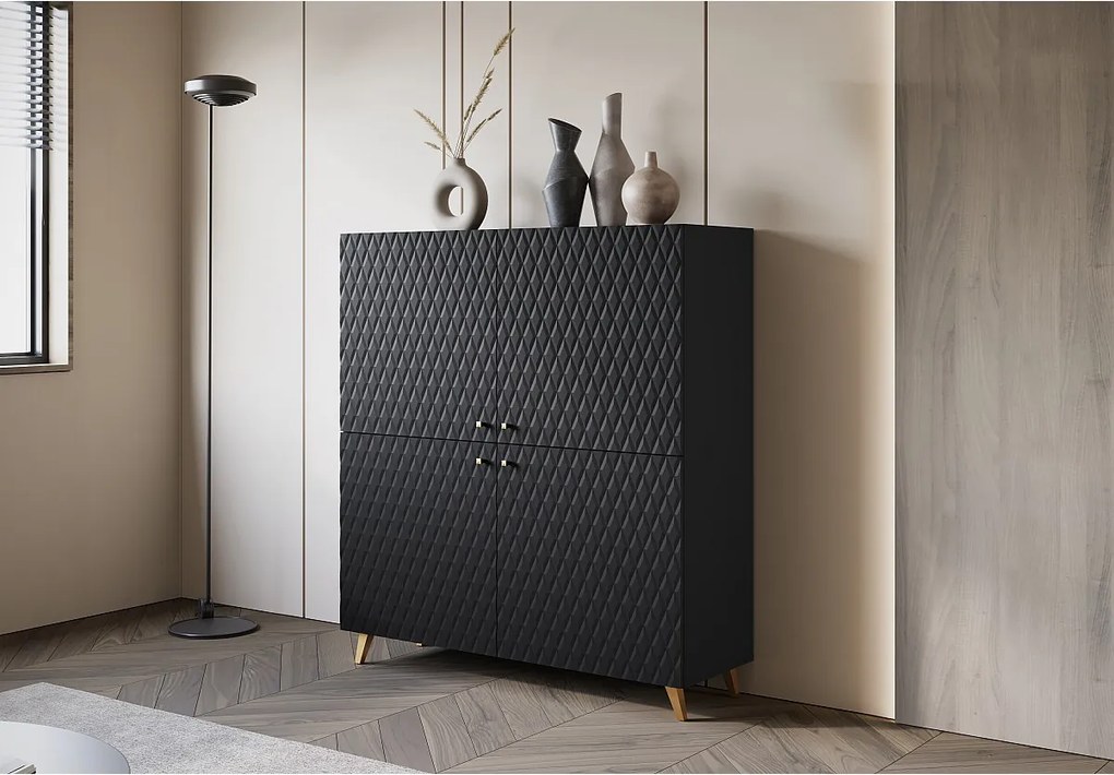 Nowoczesna wysoka komoda 120 cm czarny grafit, fronty MDF romby, złote uchwyty i złote nóżki