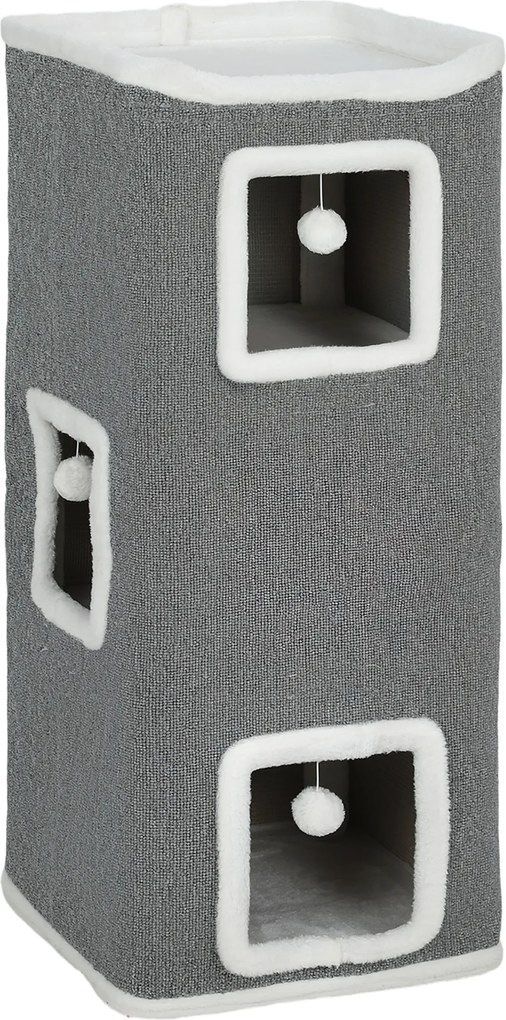 PawHut 4-poziomowa wieża dla kotów, drapak z 3 jaskiniami, płyta wiórowa, piłeczki do zabawy, szary