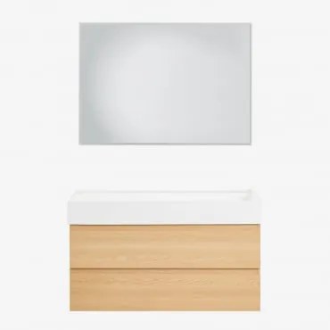 Zestaw Wiszących Mebli Łazienkowych Z Drewna I Forniru Jesionowego Zintegrowany Z Umywalką Ona Naturalna & Prostokątna - Sklum