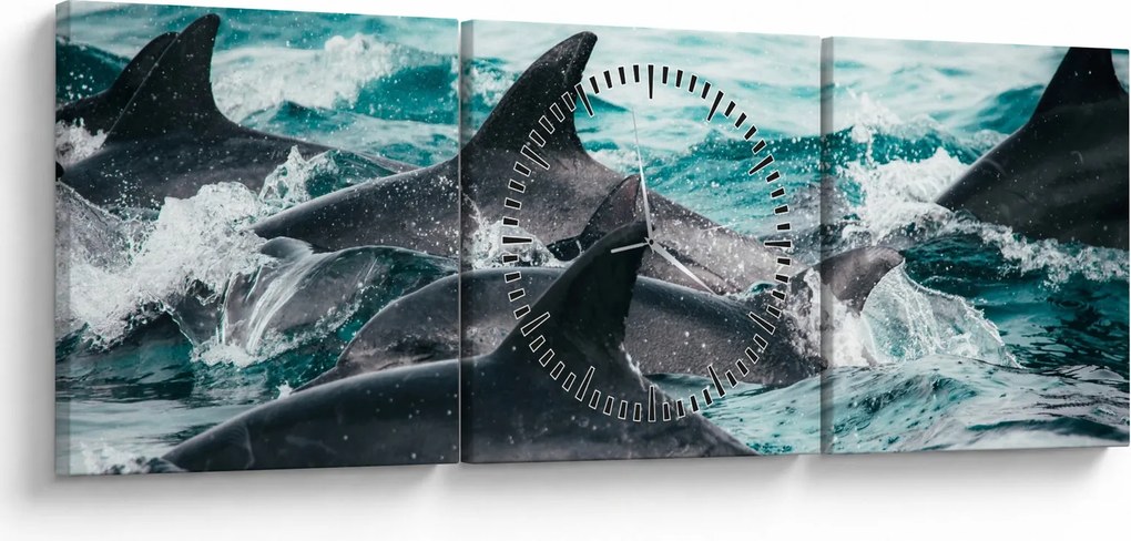 Obraz - Delfiny w oceanie (z zegarem) (90x30 cm)