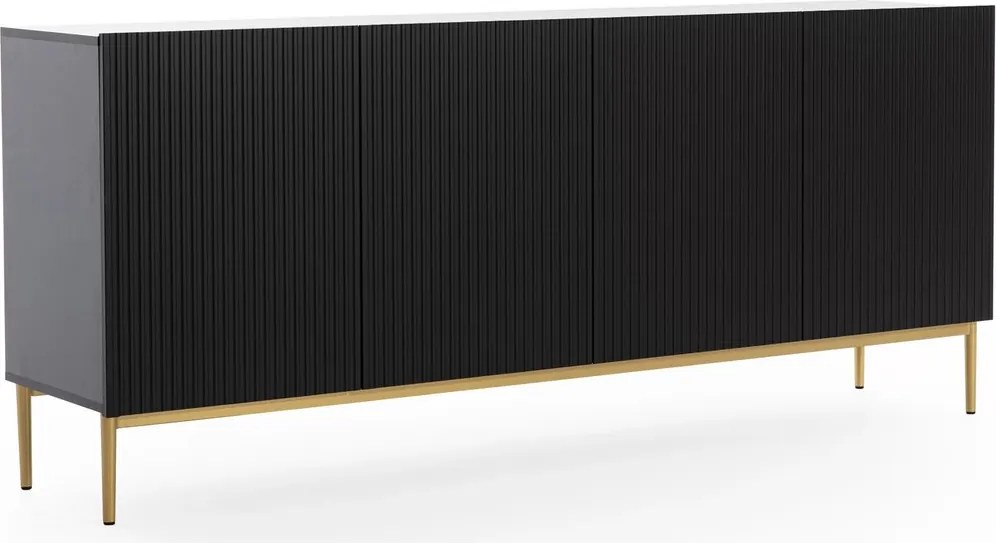Komoda Nicole 200 cm czterodrzwiowa z ryflowanym frontem - czarny mat / złote nóżki