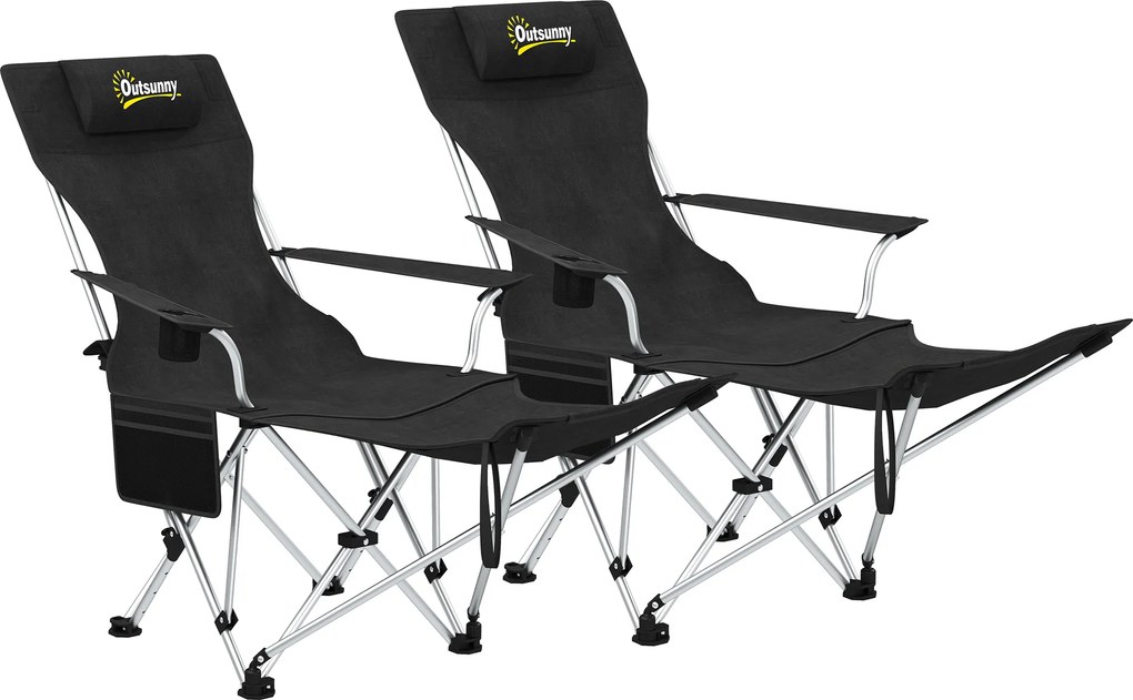 Outsunny Zestaw 2 składanych krzeseł campingowych z odłączaną podnóżkiem i uchwytem na napój, obciążenie do 120 kg, Czarne
