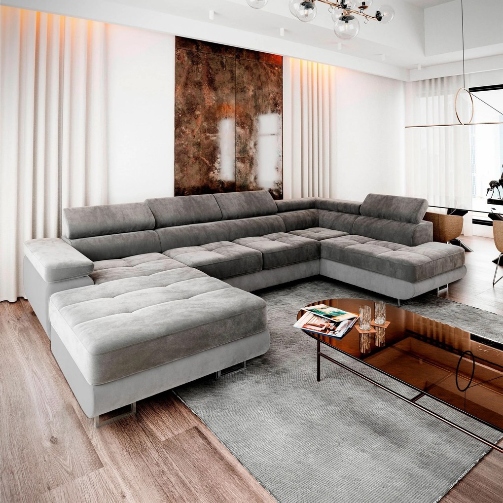 Masseno Narożnik CASONE z funkcją spania i pojemnikiem na pościel, Rozkładana sofa - Szary, MONOLITH 85 + MONOLITH 84