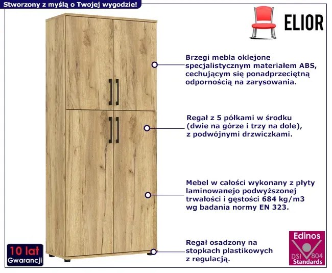 Zamykany Regał Biurowy Z Podwójnymi Drzwiczkami Dąb Craft Asta