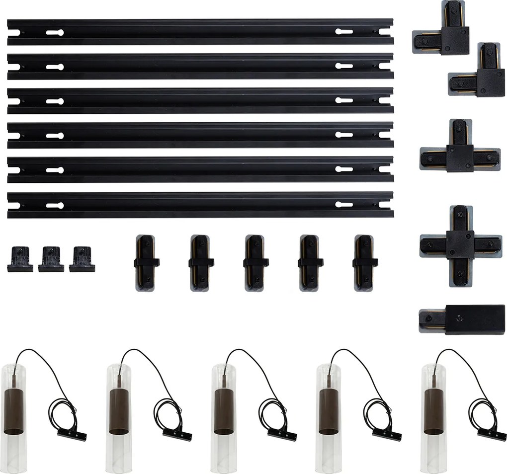 Nowoczesny system szynowy z 5 lampami wiszącymi, ciemny brąz, 1-fazowy - Iconic Lloyd