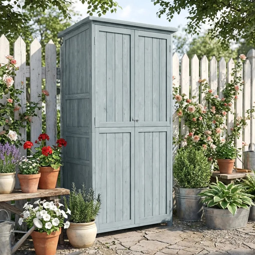 Outsunny Szafka ogrodowa z drewna odporna na warunki atmosferyczne, domek na narzędzia z podwójnymi drzwiami, magnetycznym zamknięciem, na taras, 85 x 54 x 170 cm, szary | Aosom PL