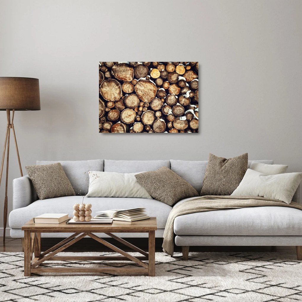 Obraz na szkle - Drewno w śniegu (70x50 cm)