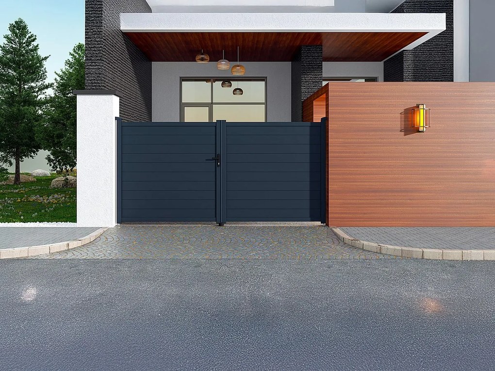 Skrzydłowa elektryczna brama aluminiowa pełna dł.355 x wys. 1681 cm antracyt NAZARIO