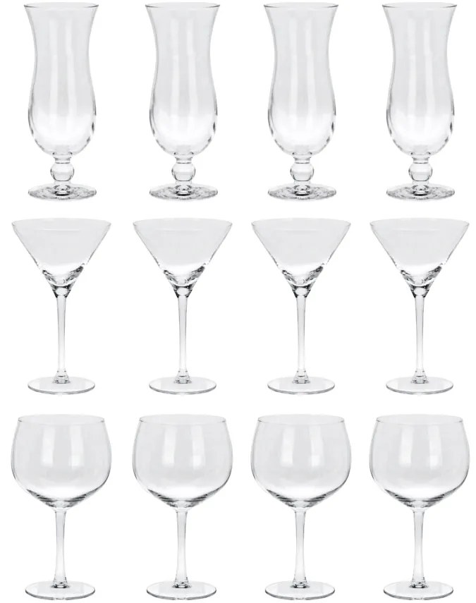 Kieliszki do drinków, 3 rodzaje szklanek do drinków: Gin, Tonic, Hurricane, 12 sztuk