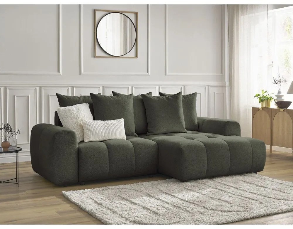 Rozkładany/ze schowkiem narożnik z tkaniny szenilowej (prawostronny/z szezlongiem) w kolorze khaki Roxelane – Bobochic Paris