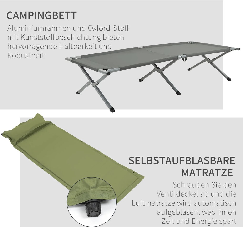 Outsunny łóżko kempingowe 1 osoba z materacem dmuchanym, kopułowy, szary 200x86x147 cm | Aosom PL