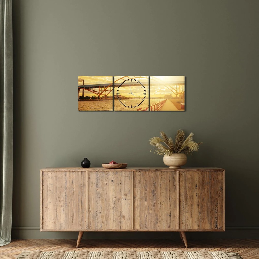 Obraz mostu z zachodem słońca (z zegarem) (90x30 cm)