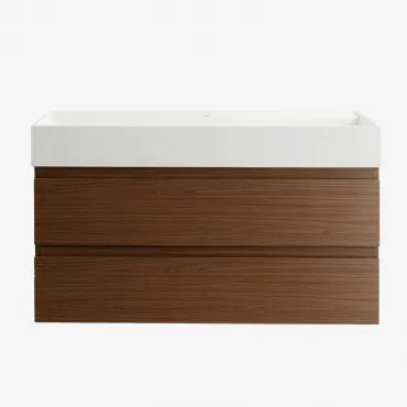 Zestaw Wiszących Mebli Łazienkowych Z Drewna I Forniru Jesionowego Zintegrowany Z Umywalką Ona Ciemna Czerń & Bezlusterkowiec & - Sklum