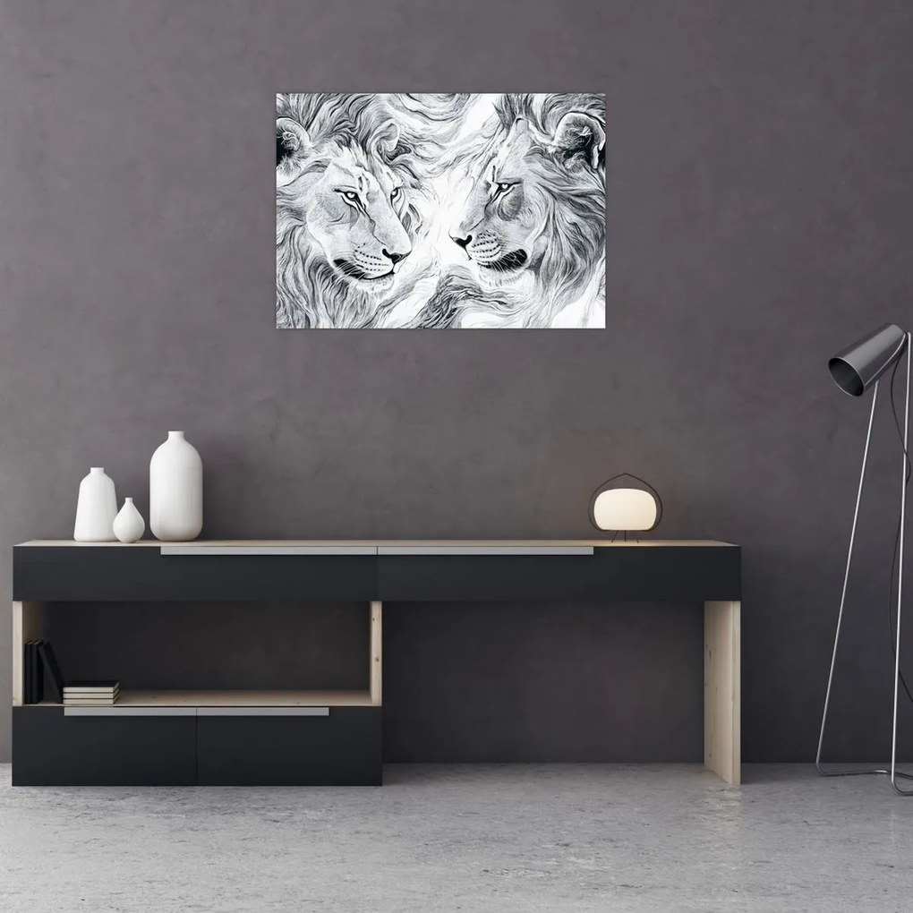 Obraz na szkle - Rysowane lwie głowy (70x50 cm)