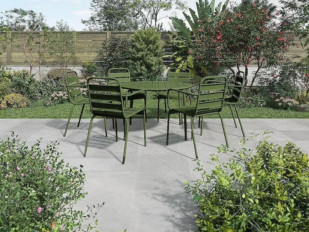 Metalowy zestaw ogrodowy - okrągły stół śr.130 cm i 6 składanych foteli - Khaki - MIRMANDE od MYLIA
