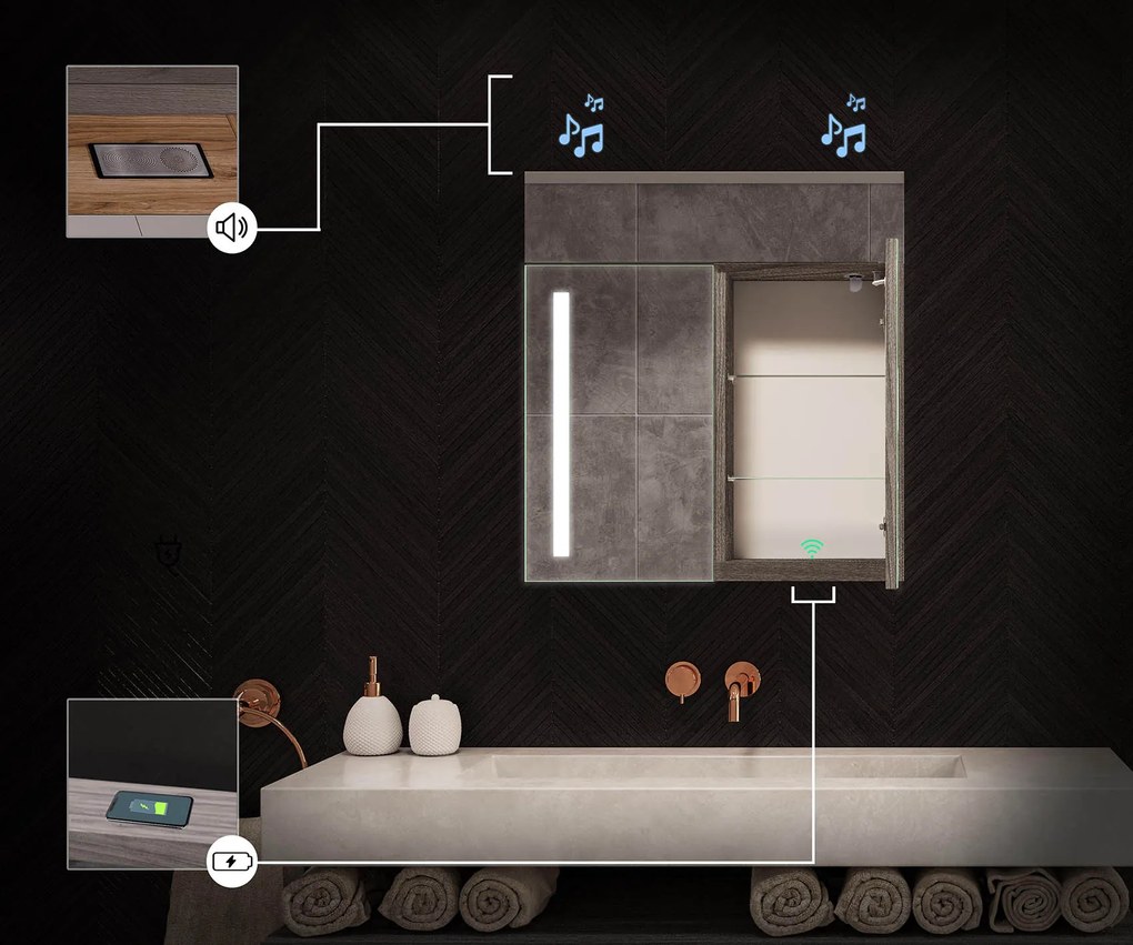 Szafka łazienkowa z lustrem podświetlanym LED - 66,5 x 72 cm z szklanymi półkami w kolorze Dąb Oslo, drewniana, marki Artforma