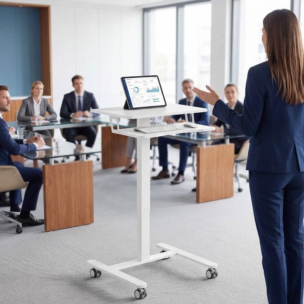 HOMCOM Stojące Biurko Regulowane, Mobilne Biurko Sit-Stand z Półką na Klawiaturę, Kółkami i Stalową Ramą, Biały | Aosom PL