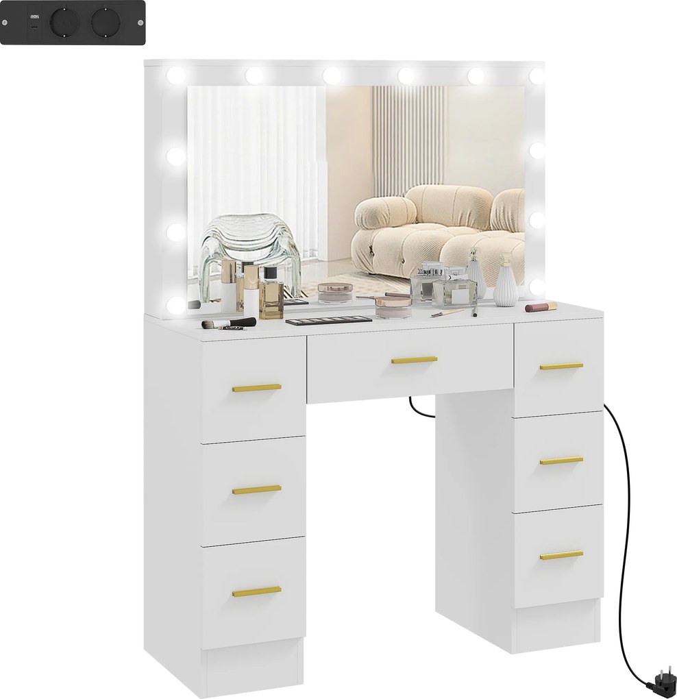 HOMCOM Toaletka z lustrem i 12 lampami LED, toaletka z 7 szufladami, 6 ukrytymi schowkami, płyta wiórowa, Biały