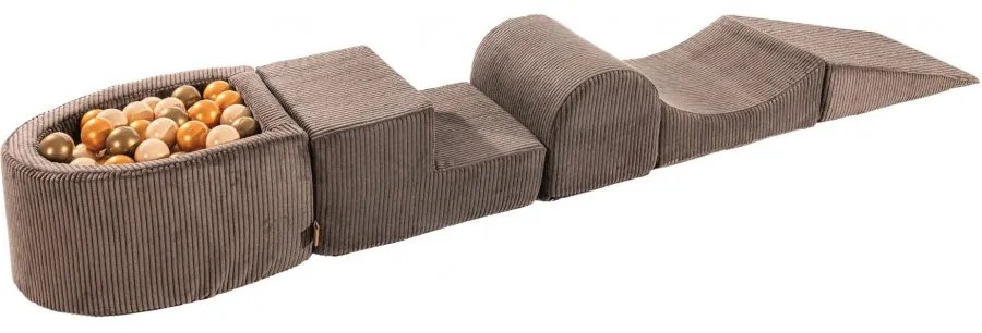 Aesthetic piankowy zestaw do zabawy z suchym basenem 57x45x30cm/100 piłek 7cm, plac zabaw dla dziecka, 5 elementów, sztruksowy, brązowy, piłki: beżowe, złote, platynowe - meowbaby®