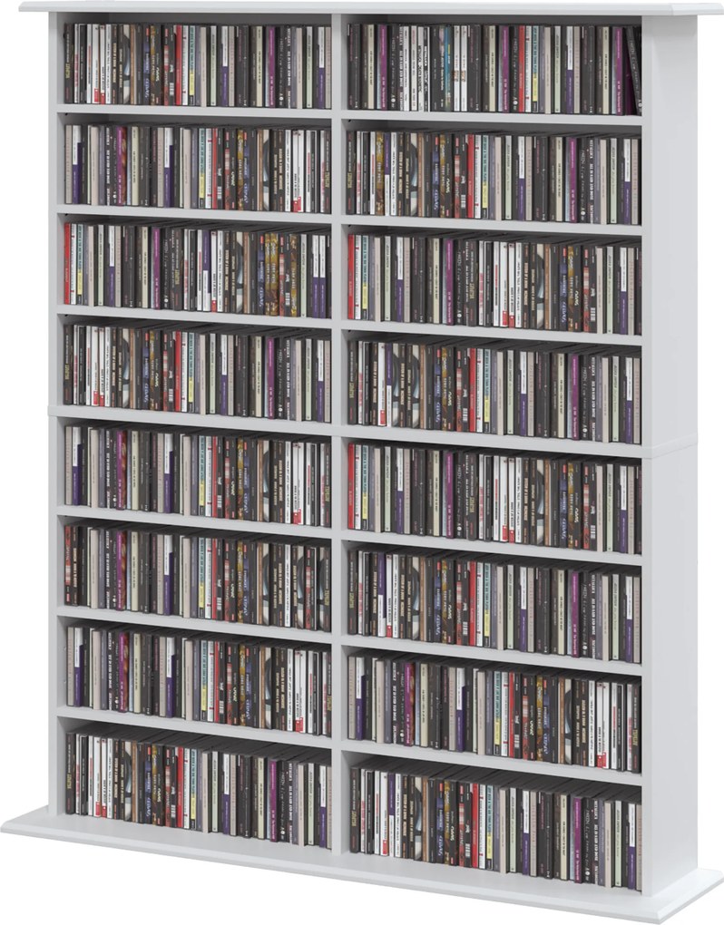 HOMCOM Regał multimedialny, 8 poziomów, regał na DVD z 12 regulowanymi półkami, 16 przegród, pojemność 720 CD, biały | Aosom PL