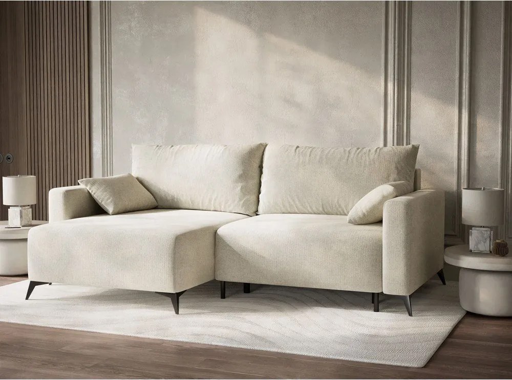 Kremowy rozkładany narożnik ze schowkiem z tkaniny szenilowej (lewostronny/z szezlongiem) Leon – Maison de Rêve