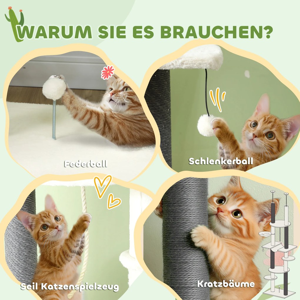 PawHut Drapak Sięgający Sufitu, Regulowany 225-255 cm, Platformy &amp; Hamaki, Zabezpieczenie Przed Przewróceniem, Biały