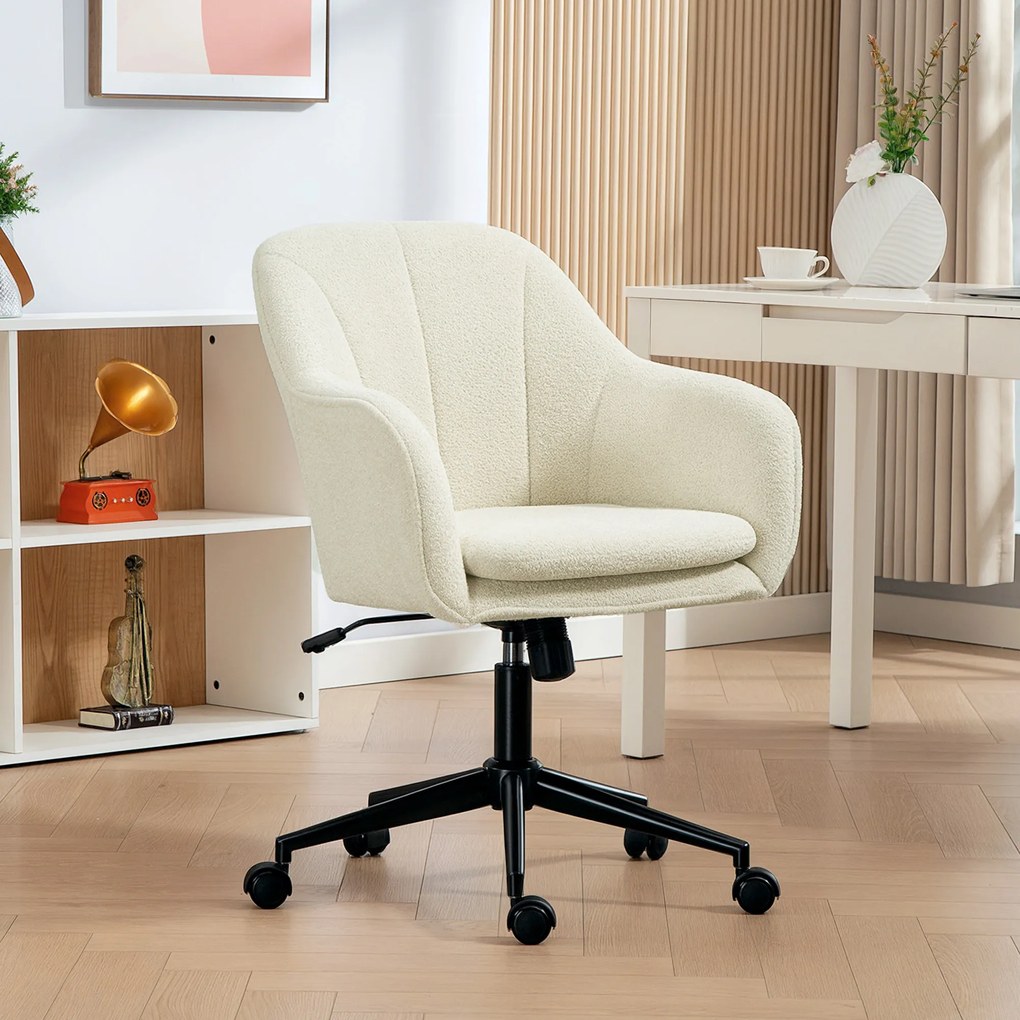 HOMCOM Fotel biurowy z tkaniną w optyce aksamitu, Fotel do toaletki z wypukłym oparciem, do sypialni, salonu, Beżowy