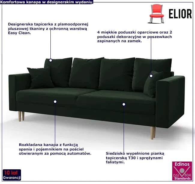 Zielona rozkładana sofa na nóżkach - Adante