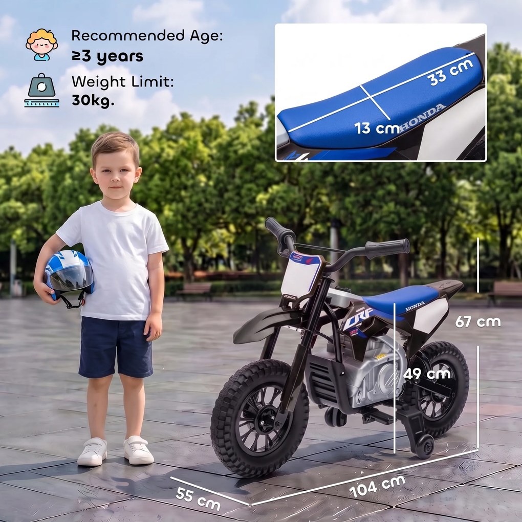 AIYAPLAY Elektryczny motocykl dla dzieci HONDA CRF 450R 12 V Motocross z silnikiem 35 W, akumulatorem litowo-jonowym, tylnym zawieszeniem, 12-calowymi kołami | Aosom PL