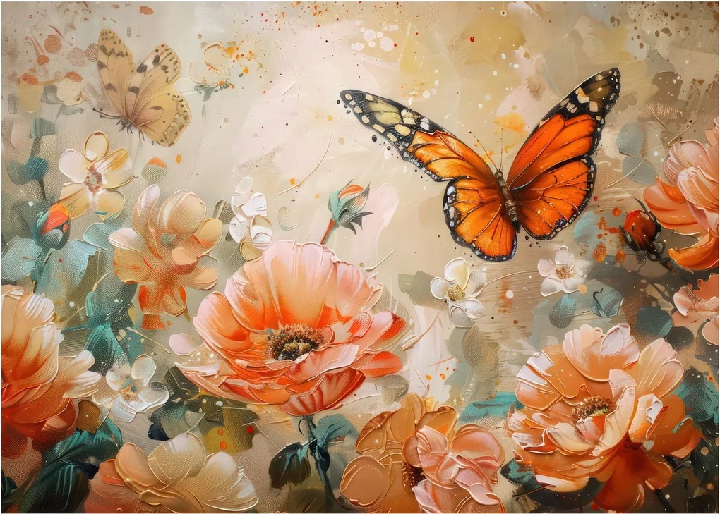 Obraz na szkle - Motyl i kwiaty, obraz olejny (70x50 cm)