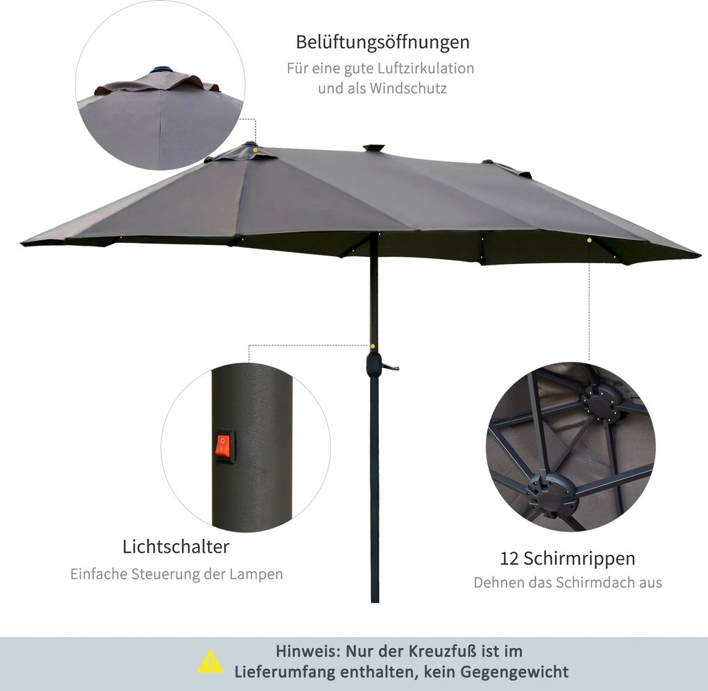 Outsunny Duży Podwójny Parasol z Oświetleniem LED Owalny Ciemnoszary ze Stalową Ramą 440x260cm | Aosom PL